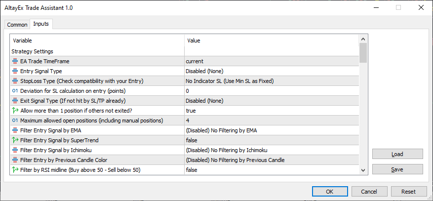 AltayEX Trade Assistant EA Settings