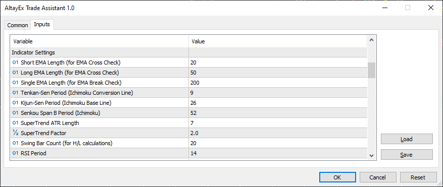 AltayEX Trade Assistant EA Settings
