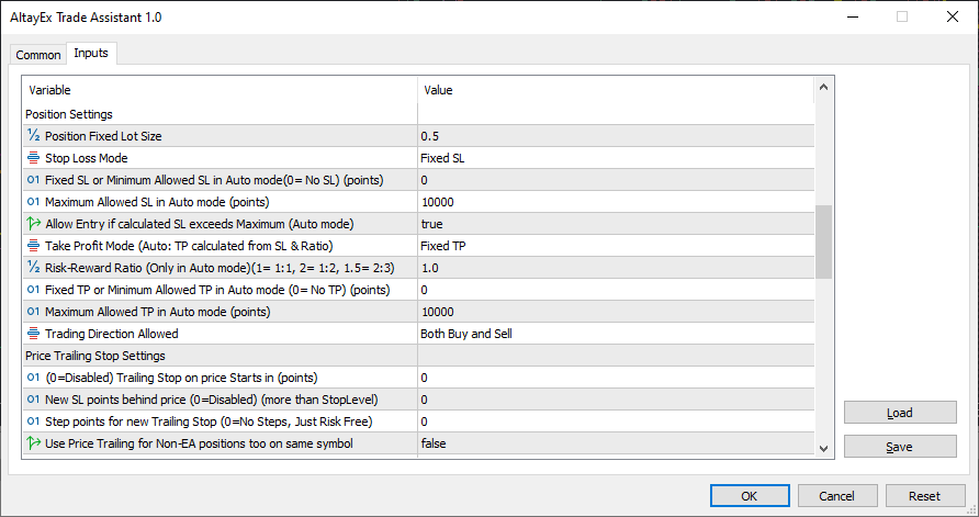 AltayEX Trade Assistant EA Settings