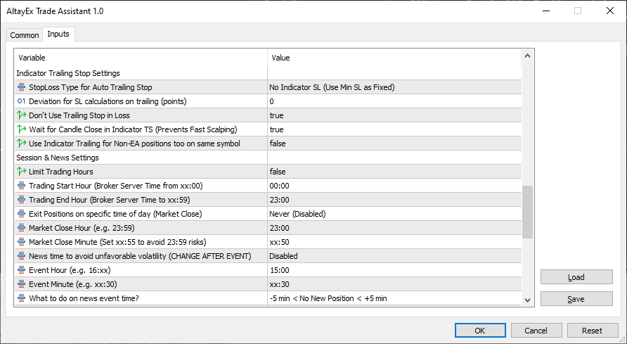 AltayEX Trade Assistant EA Settings