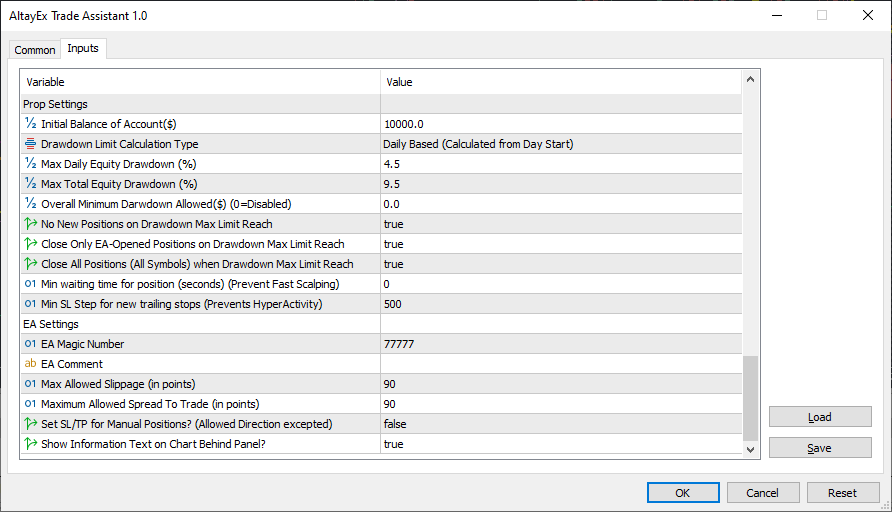AltayEX Trade Assistant EA Settings